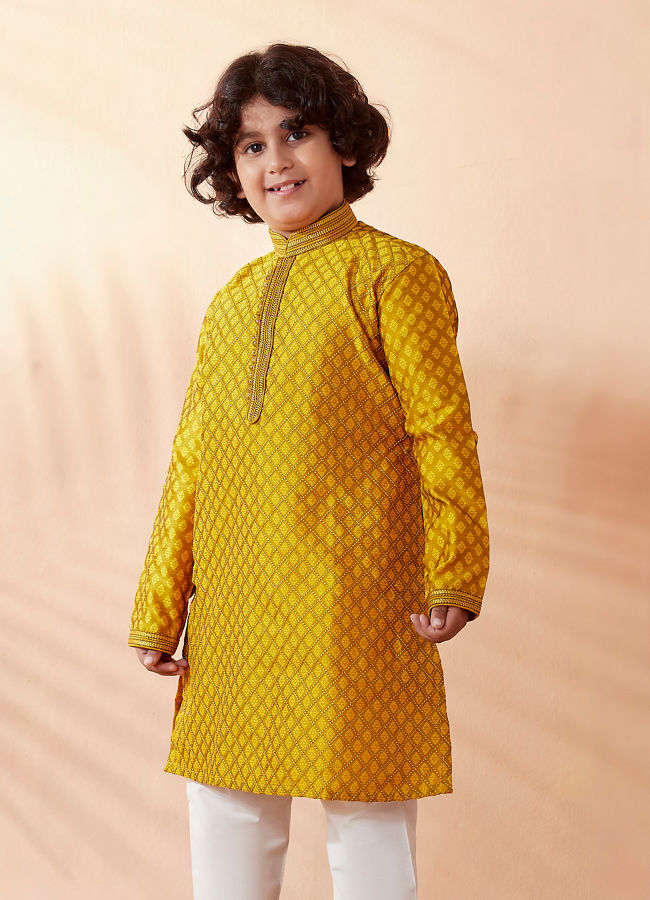 Manyavar Boys Boys Gold Yellow Jacquard Kurta Set