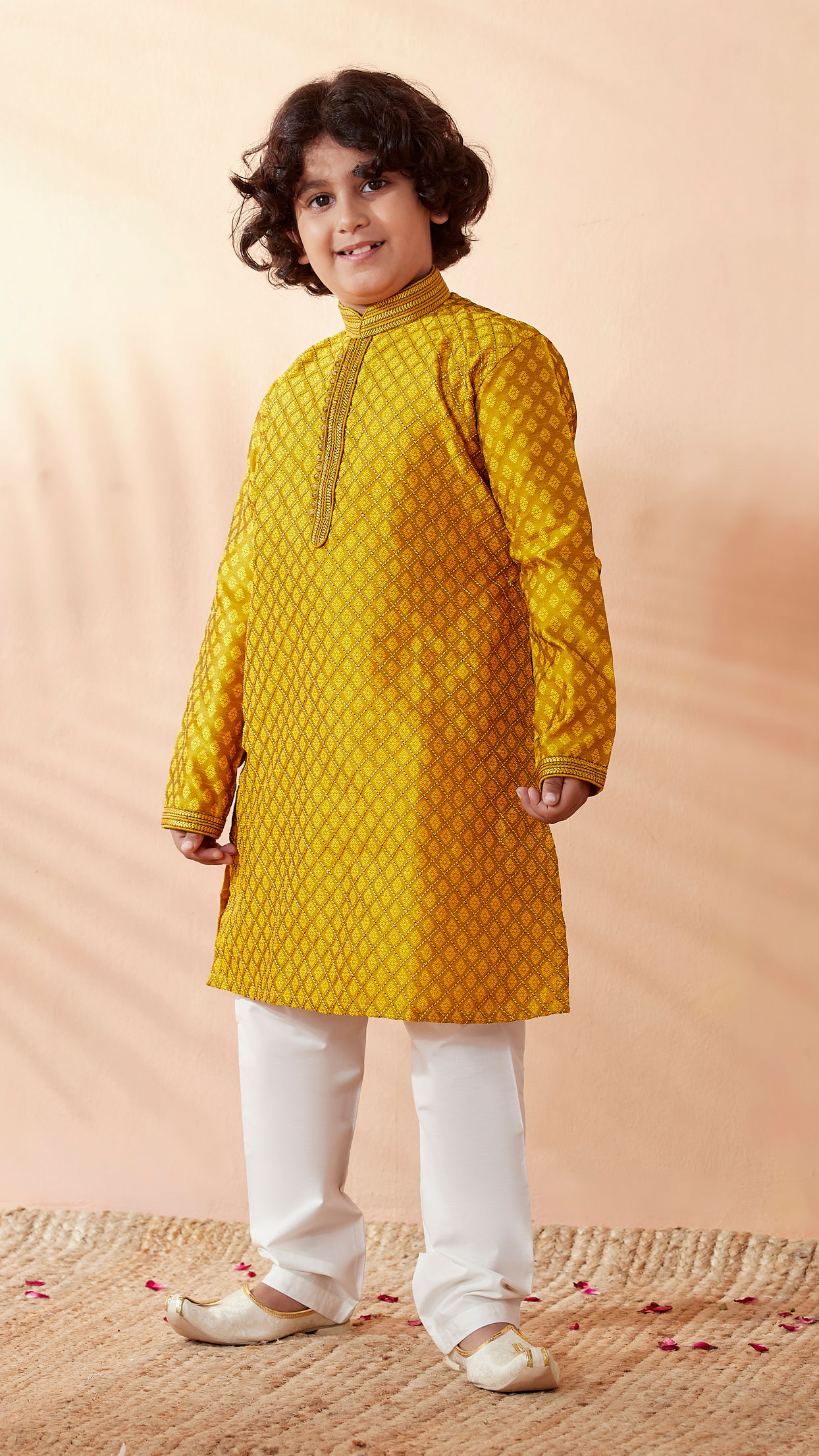 Boys Gold Yellow Jacquard Kurta Set image number 1