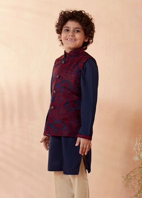 Boys Wine And Navy Blue Kurta Jacket Set image number 1