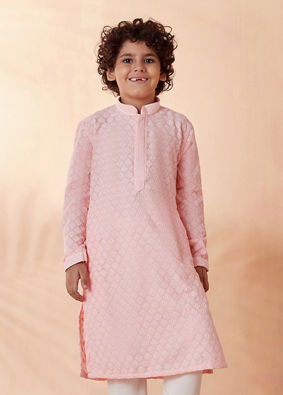 Boys Pink Chikan Kurta Set image number 1