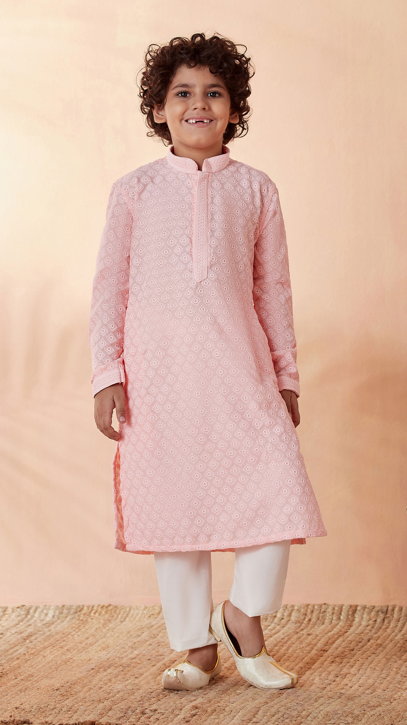 Manyavar Boys Boys Pink Chikan Kurta Set