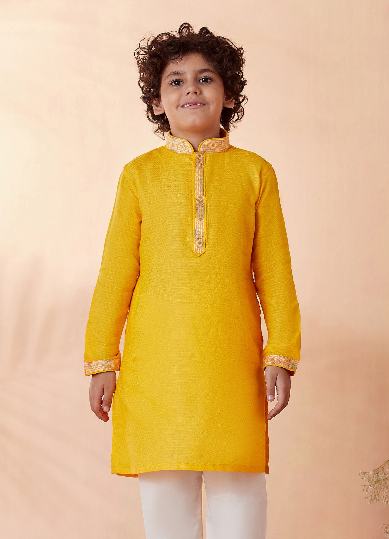 Manyavar Boys Boys Yellow Self Design Kurta Set