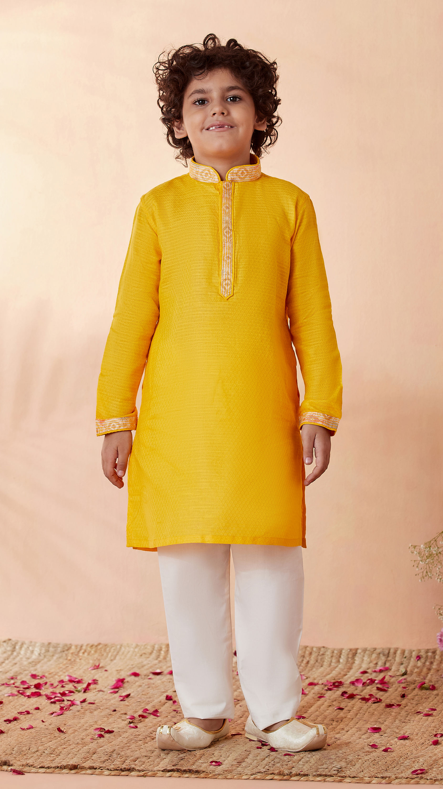 Manyavar Boys Boys Yellow Self Design Kurta Set