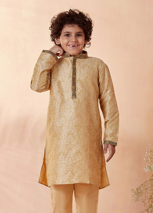 Boys Beige Jacquard Kurta Set image number 1