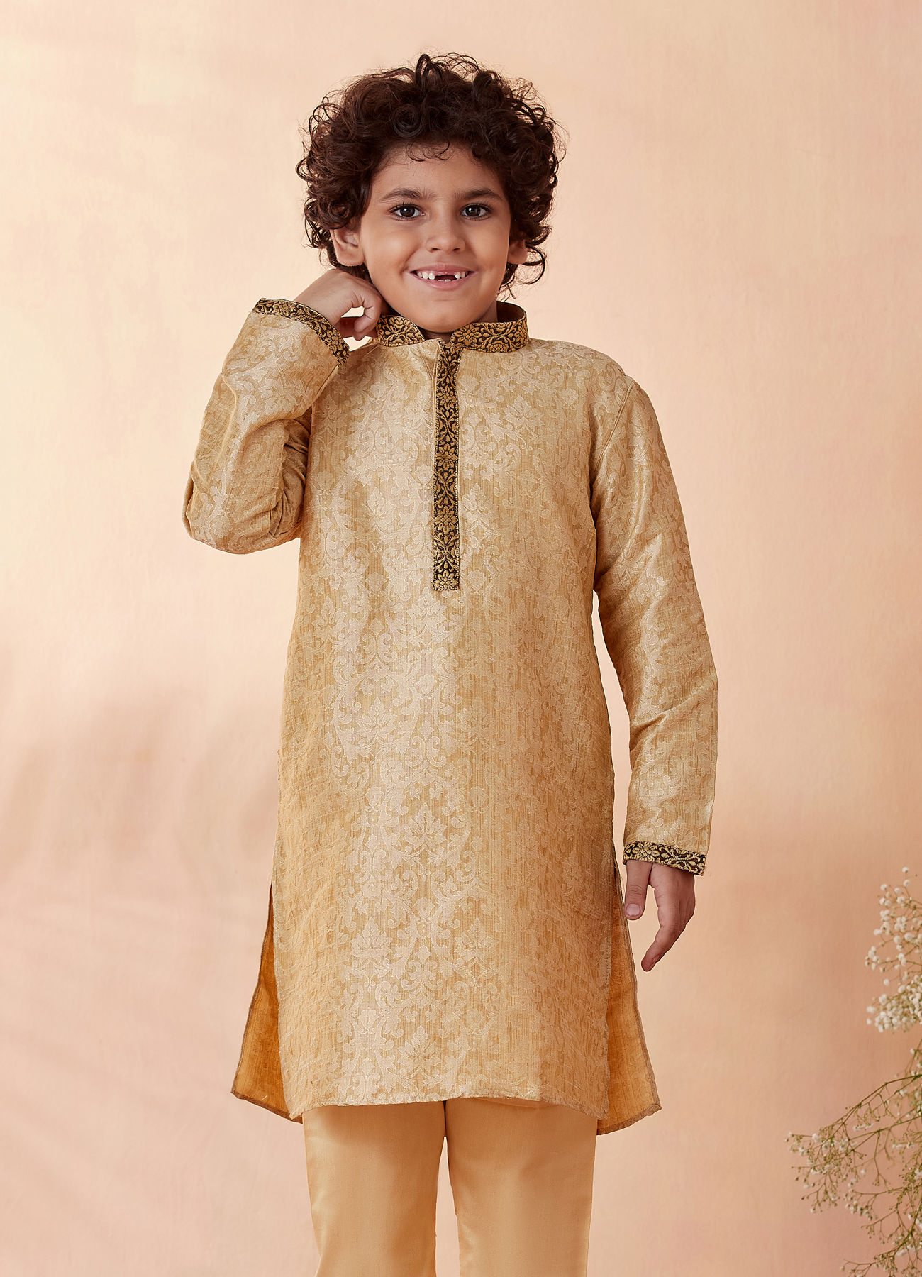 Manyavar Boys Boys Beige Jacquard Kurta Set