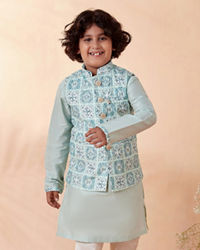 Manyavar Boys Boys Sea Green Chikan Kurta Jacket Set