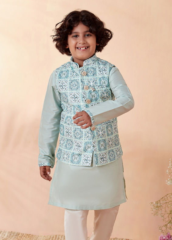 Manyavar Boys Boys Sea Green Chikan Kurta Jacket Set