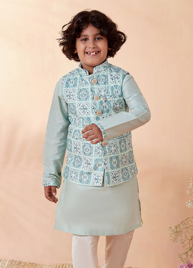 Boys Sea Green Chikan Kurta Jacket Set image number 1