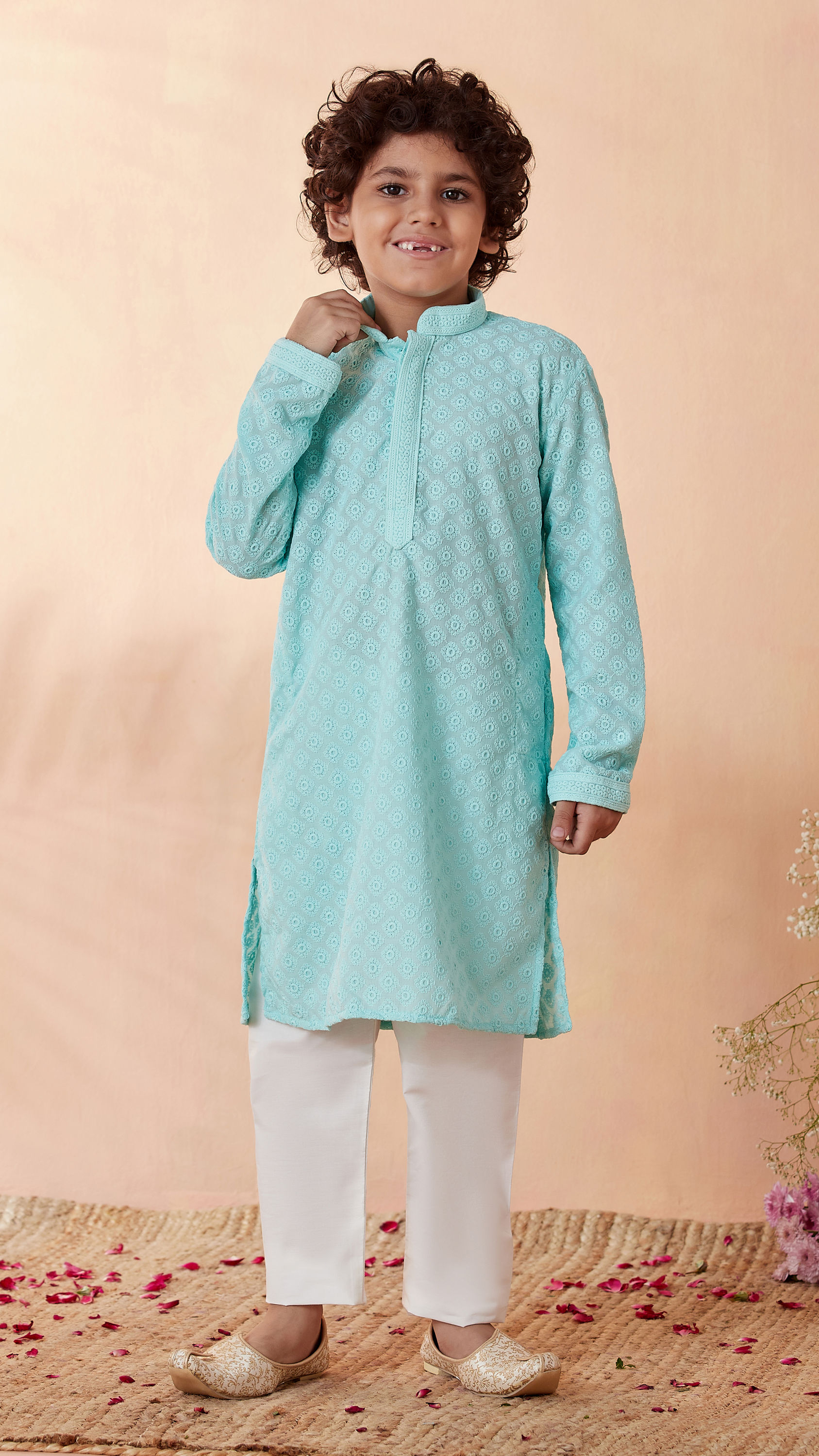 Manyavar Boys Boys Sea Green Chikan Kurta Set