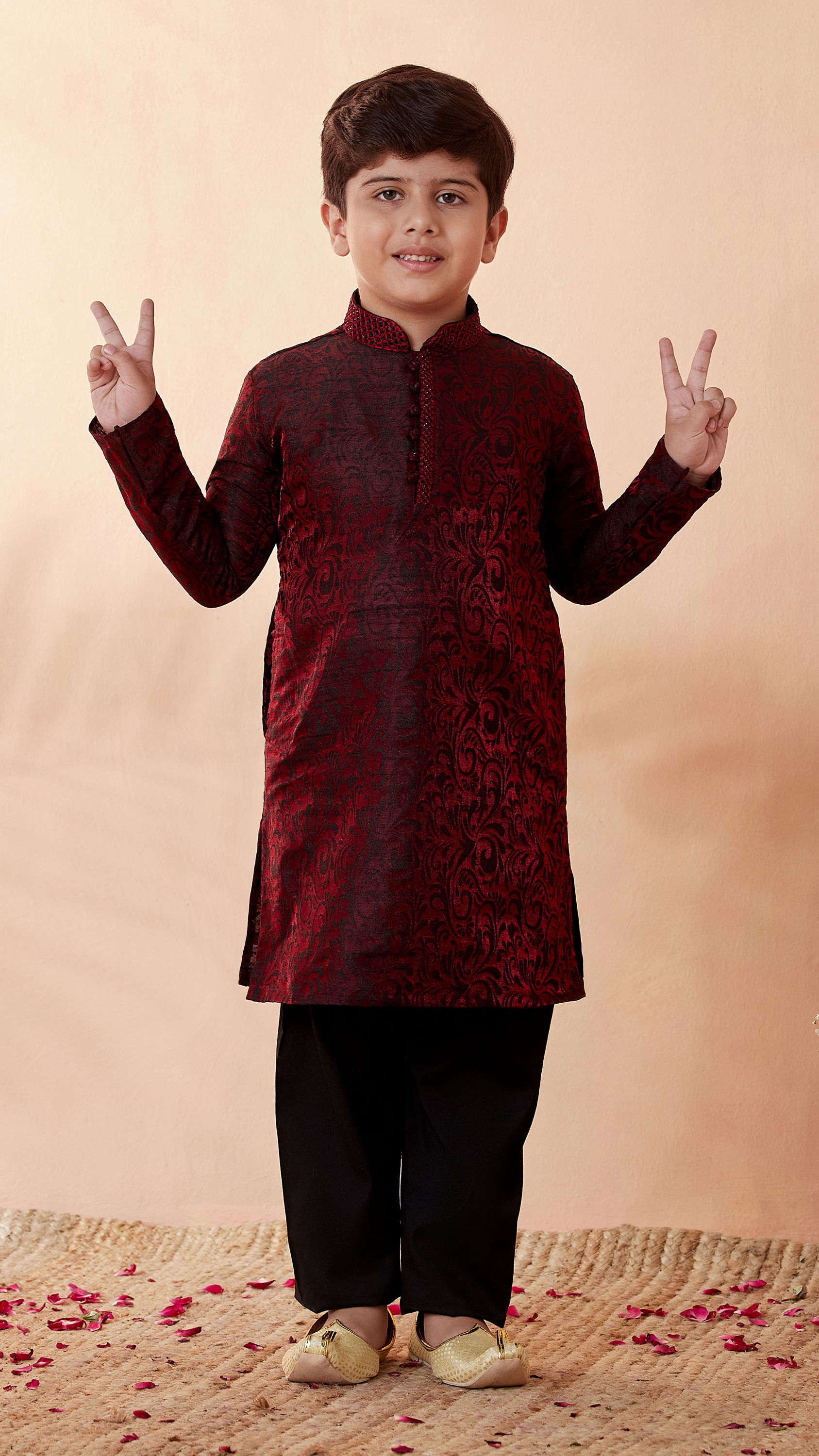 Manyavar Boys Boys Wine Jacquard Kurta Set