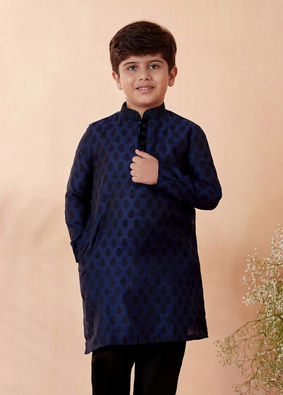 Boys Navy Blue Motif Design Kurta Set image number 1