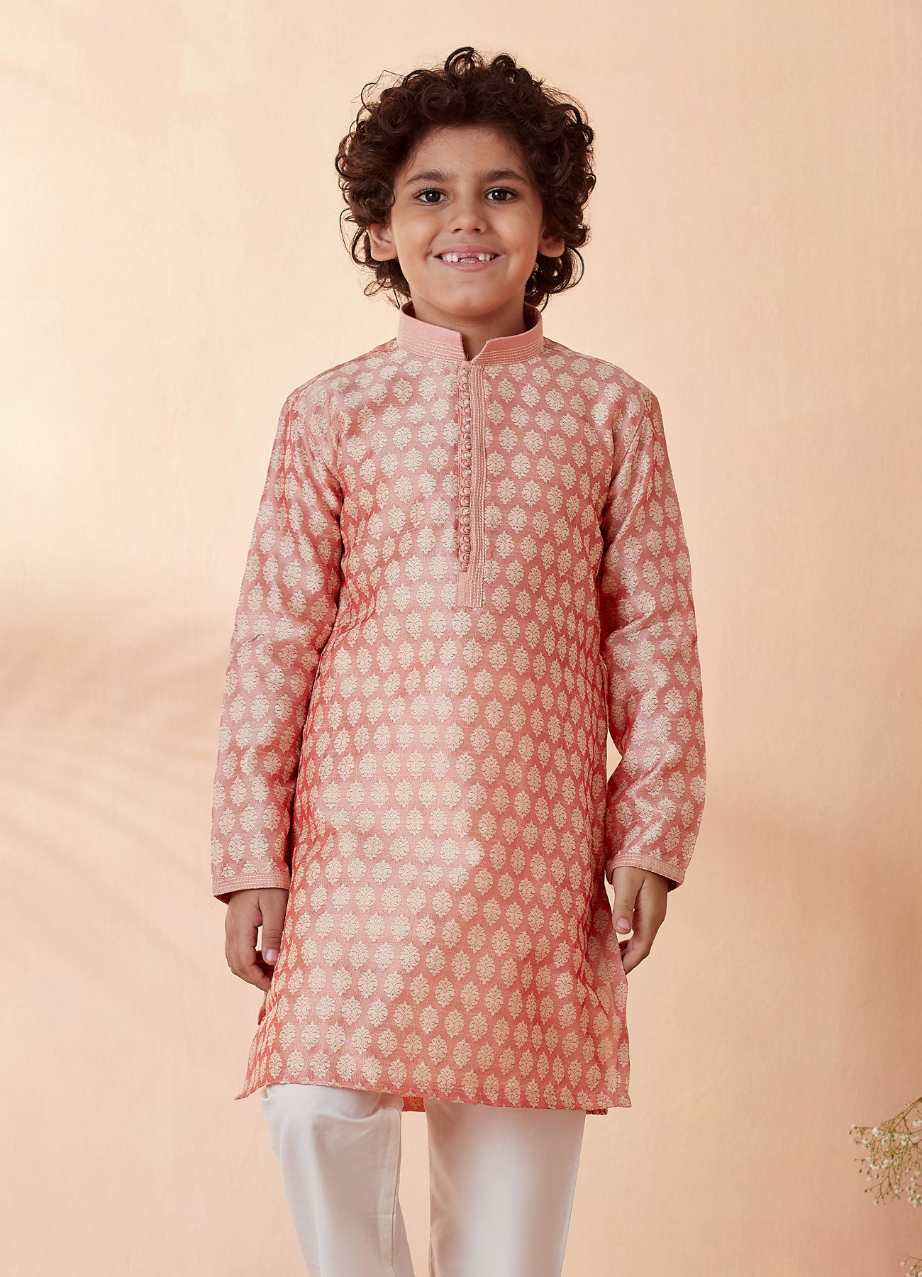 Manyavar Boys Boys Salmon Pink Jacquard Kurta Set