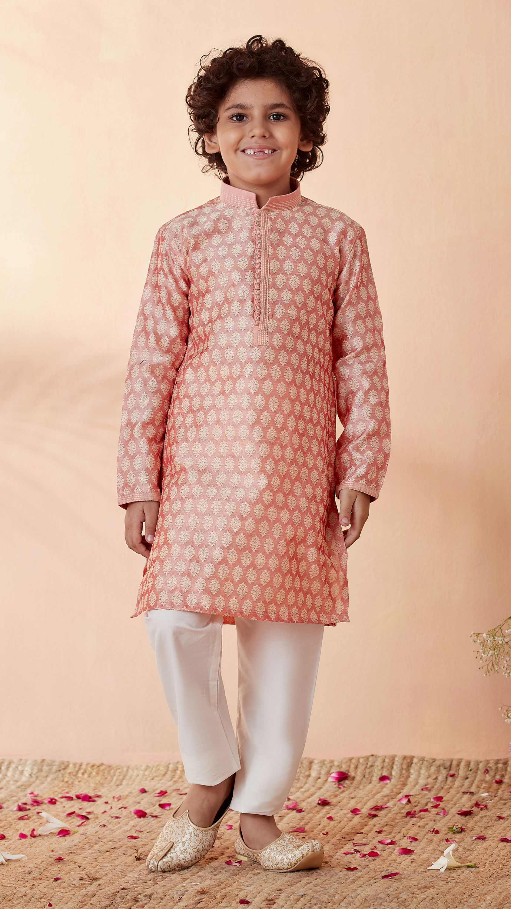 Manyavar Boys Boys Salmon Pink Jacquard Kurta Set