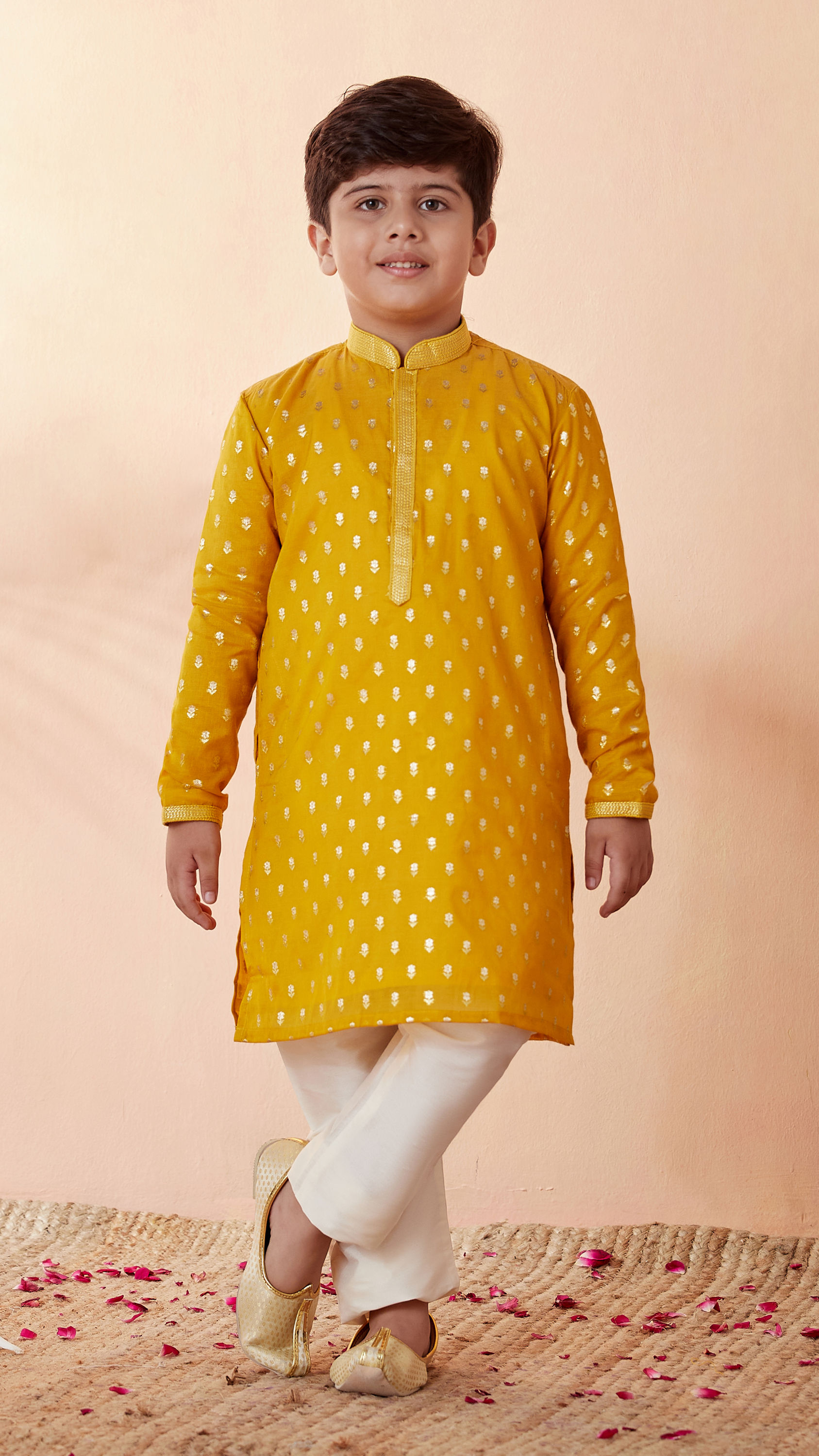 Manyavar Boys Boys Mustard Orange Jacquard Kurta Set