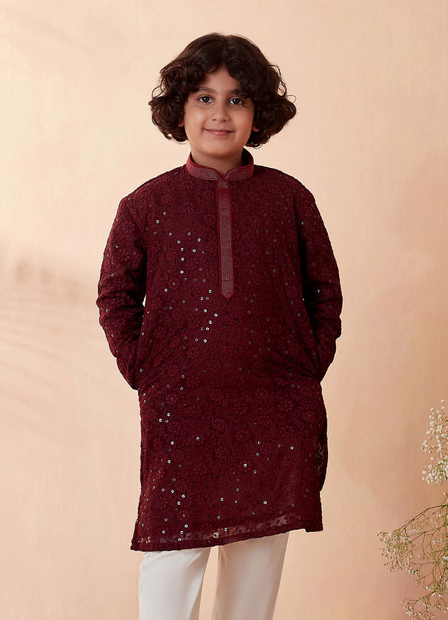 alt message - Manyavar Boys Boys Wine Chikan Kurta Set image number 1