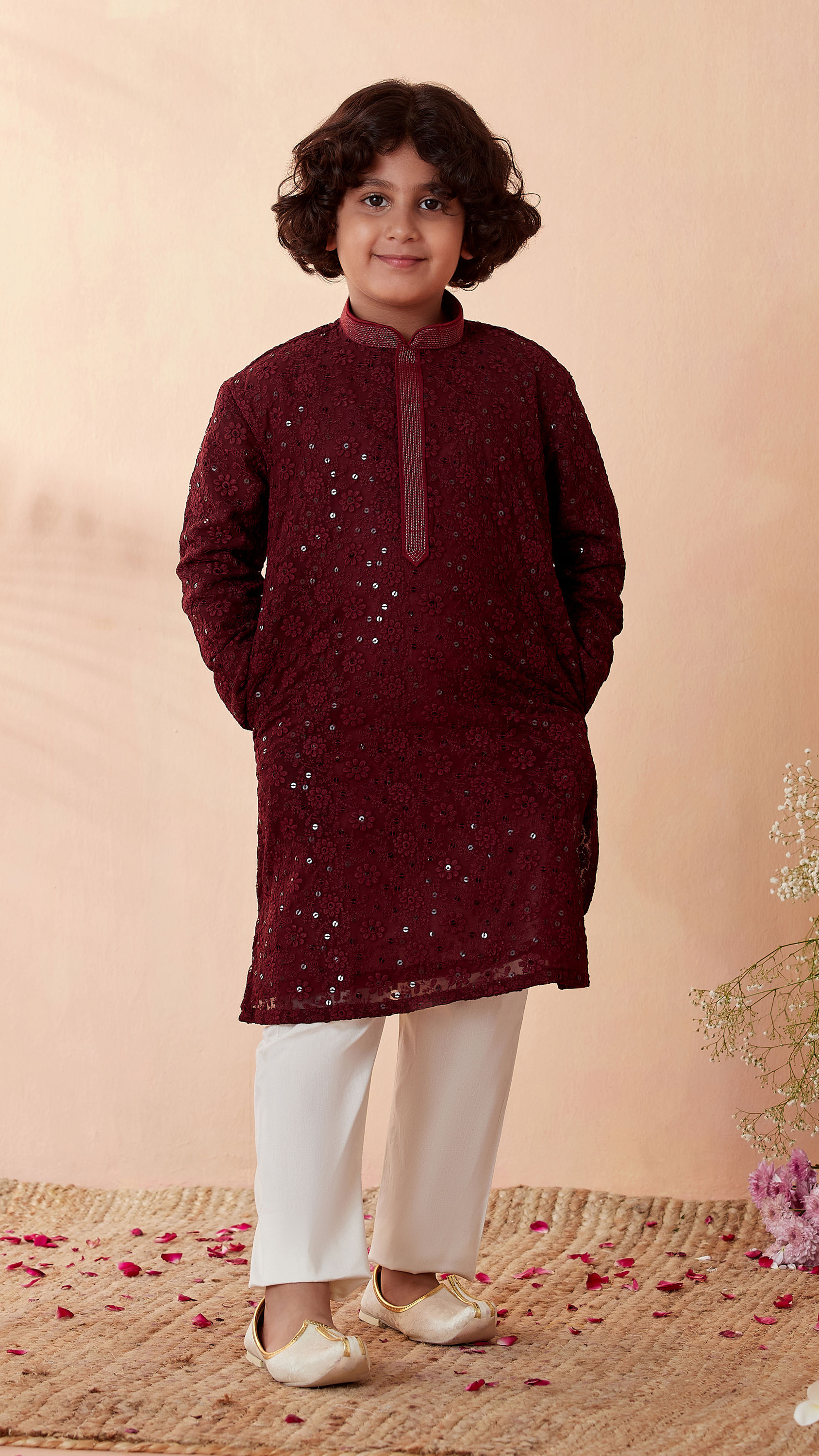 Manyavar Boys Boys Wine Chikan Kurta Set