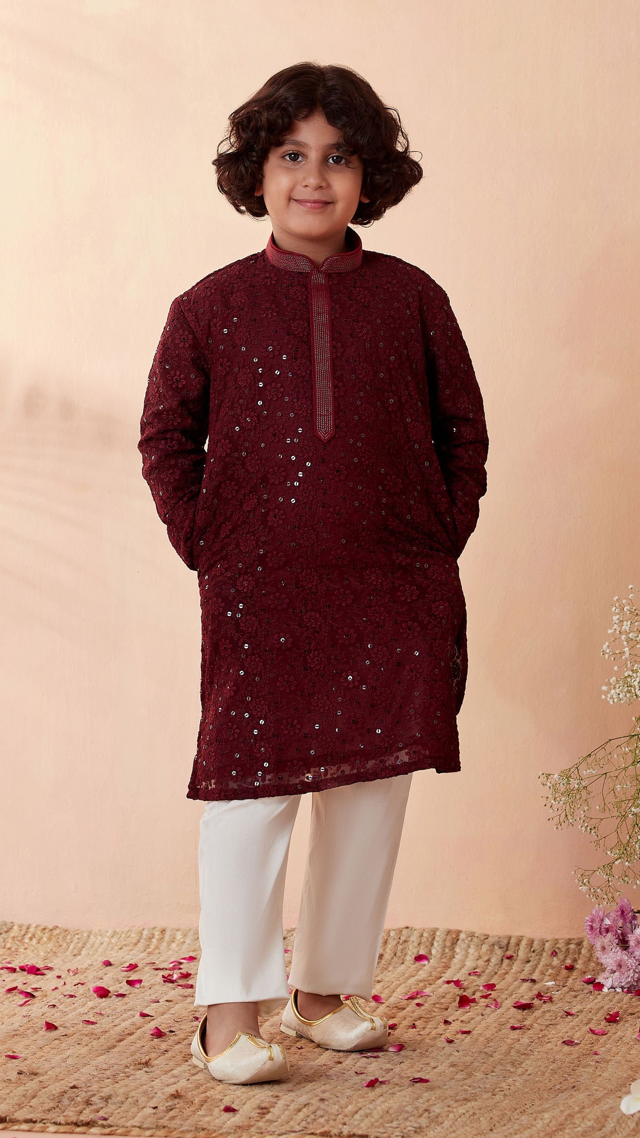 Manyavar Boys Boys Wine Chikan Kurta Set