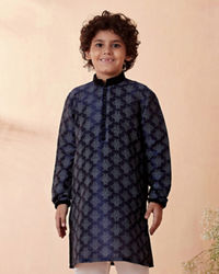 Manyavar Boys Boys Navy Blue Printed Kurta Set