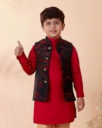 Manyavar Boys Boys Red And Blue Kurta Jacket Set