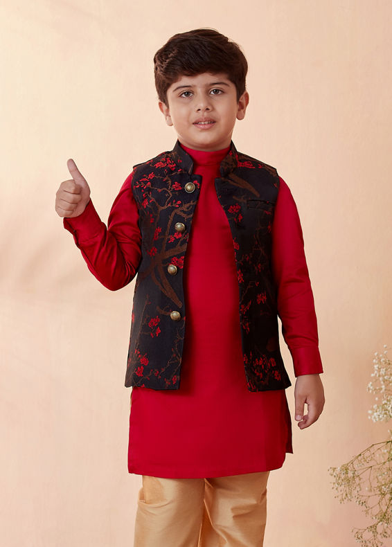 Manyavar Boys Boys Red And Blue Kurta Jacket Set