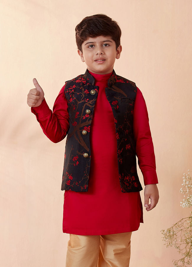 alt message - Manyavar Boys Boys Red And Blue Kurta Jacket Set image number 1