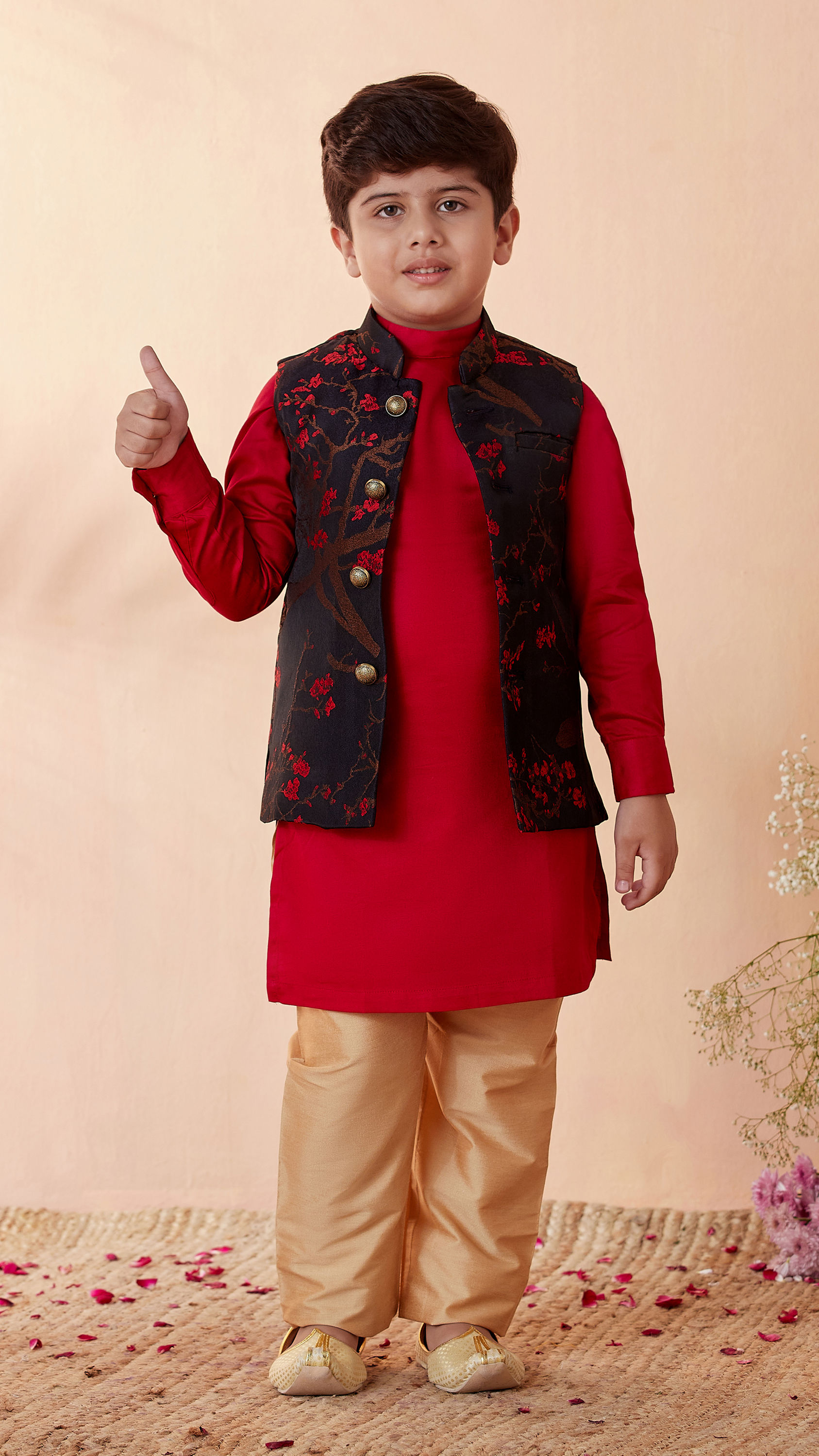 Manyavar Boys Boys Red And Blue Kurta Jacket Set