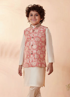 alt message - Manyavar Boys Boys Gajaree Floral Design Kurta Jacket Set image number 1