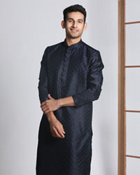 Manyavar Men Navy Blue Self Design Kurta Pajama