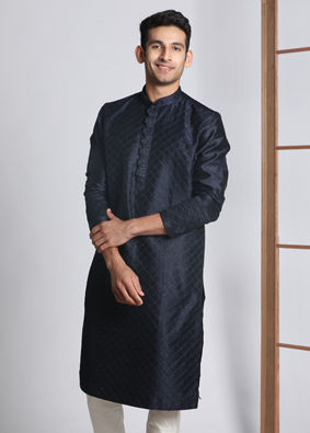 Manyavar Men Navy Blue Self Design Kurta Pajama