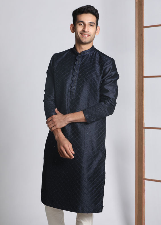 Manyavar Men Navy Blue Self Design Kurta Pajama