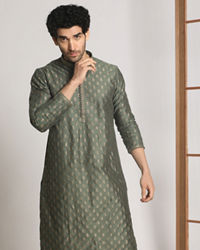 Manyavar Men Bottle Green Festive Kurta With Golden Motifs