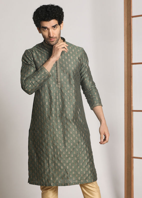 Manyavar Men Bottle Green Festive Kurta With Golden Motifs