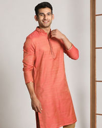 Manyavar Men Rust Pink Self Design Kurta Set