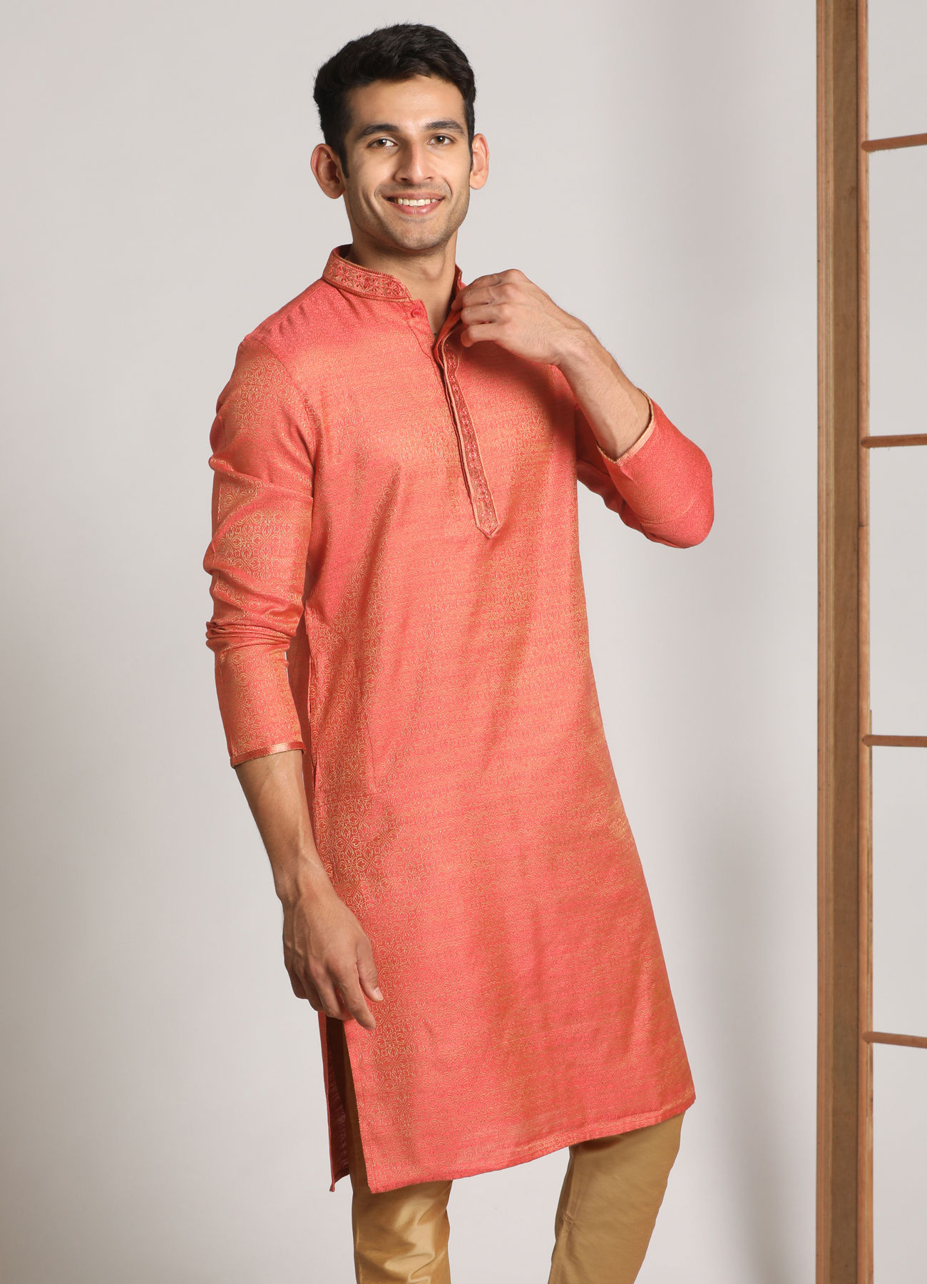 Manyavar Men Rust Pink Self Design Kurta Set