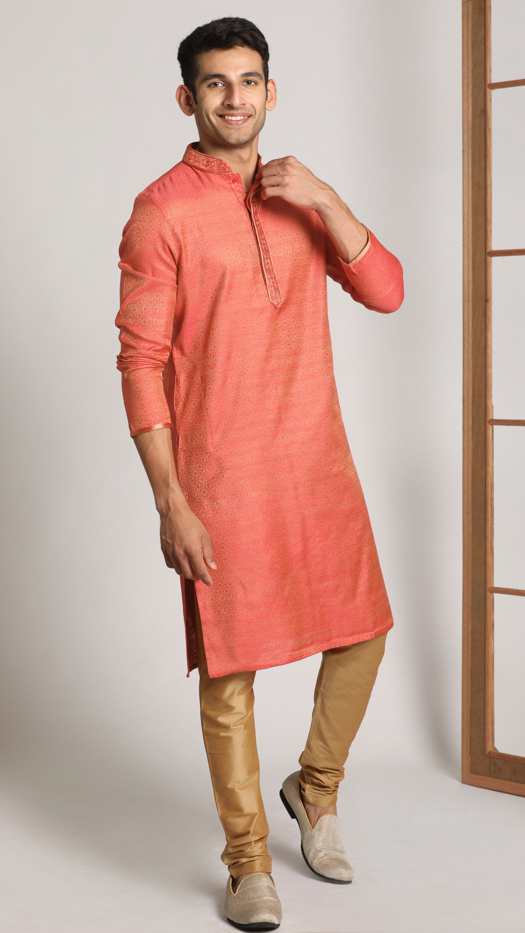 Manyavar Men Rust Pink Self Design Kurta Set