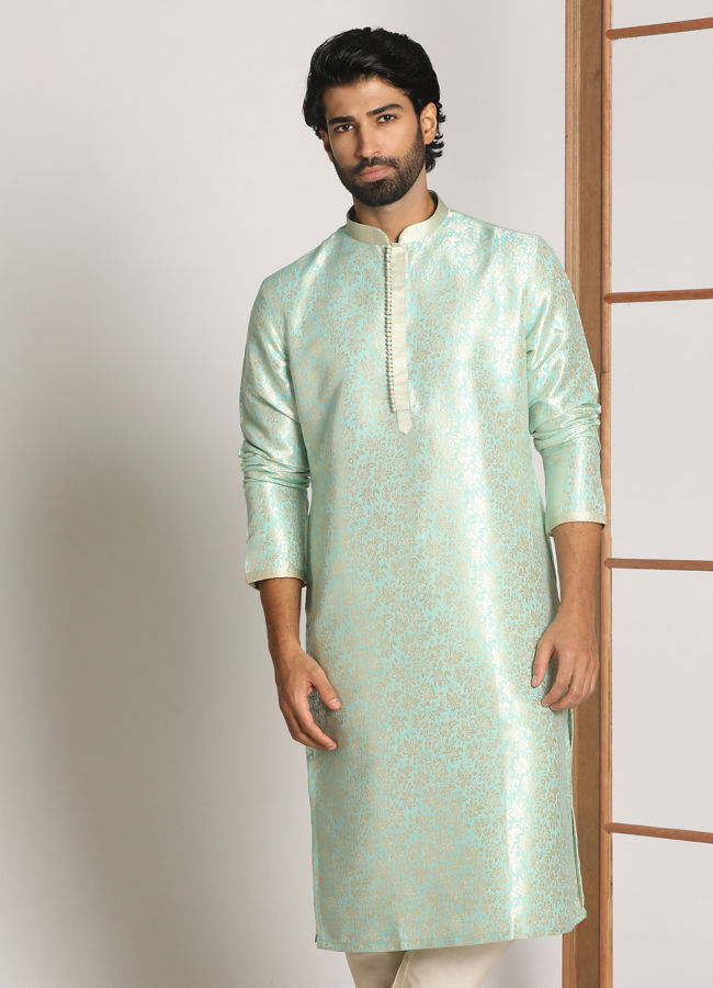 Manyavar Men Pale Blue Kurta Pajama With Floral Motifs image number 1