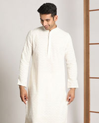 Manyavar Men Off White Thread Embroidered Kurta Set