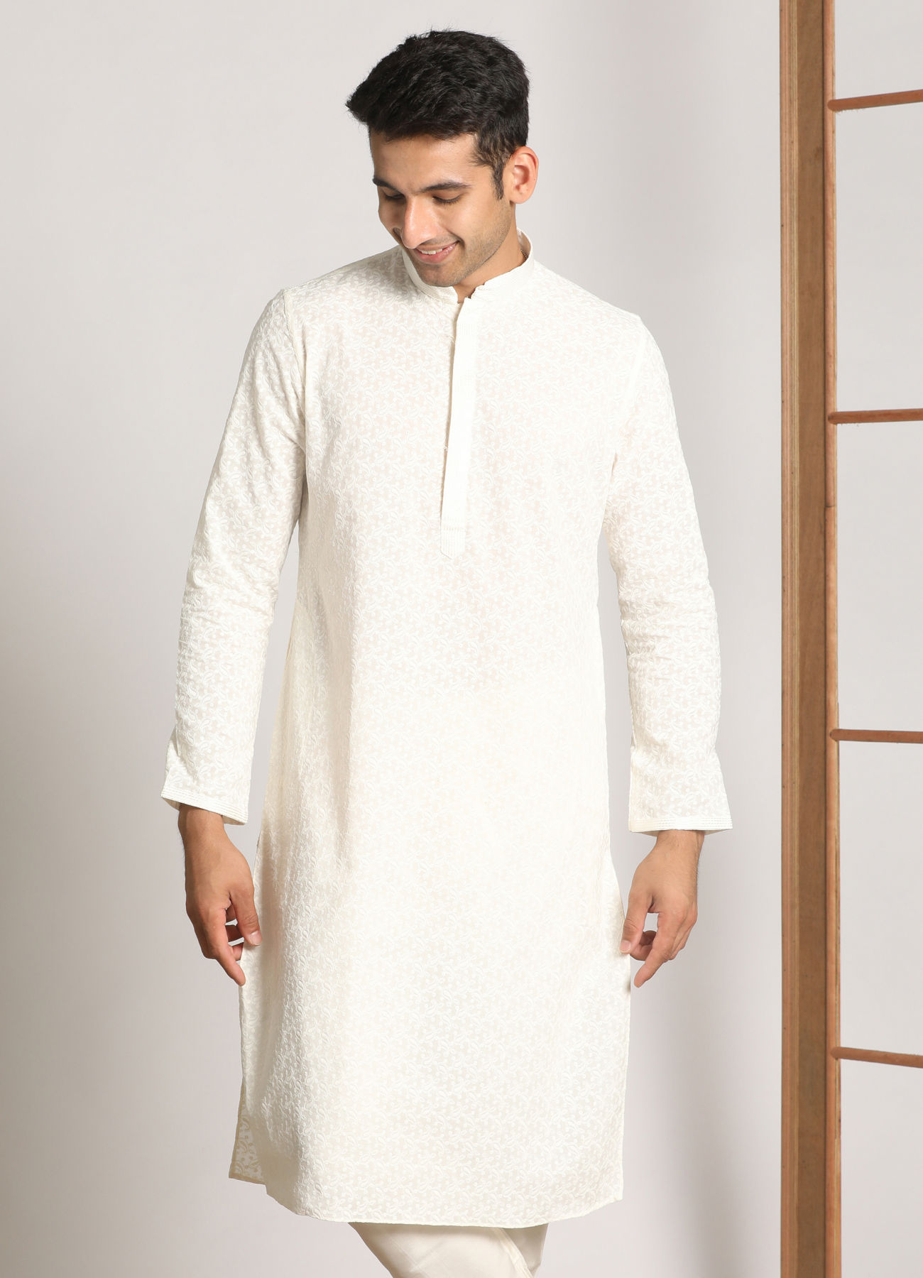 Manyavar Men Off White Thread Embroidered Kurta Set