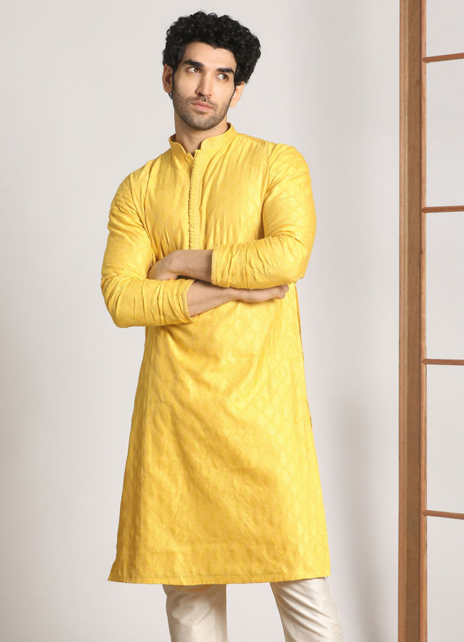 alt message - Manyavar Men Canary Yellow Self Design Kurta Pajama image number 1