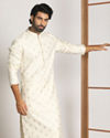 alt message - Manyavar Men Pearl White Kurta Jacket With Printed Motifs image number 1