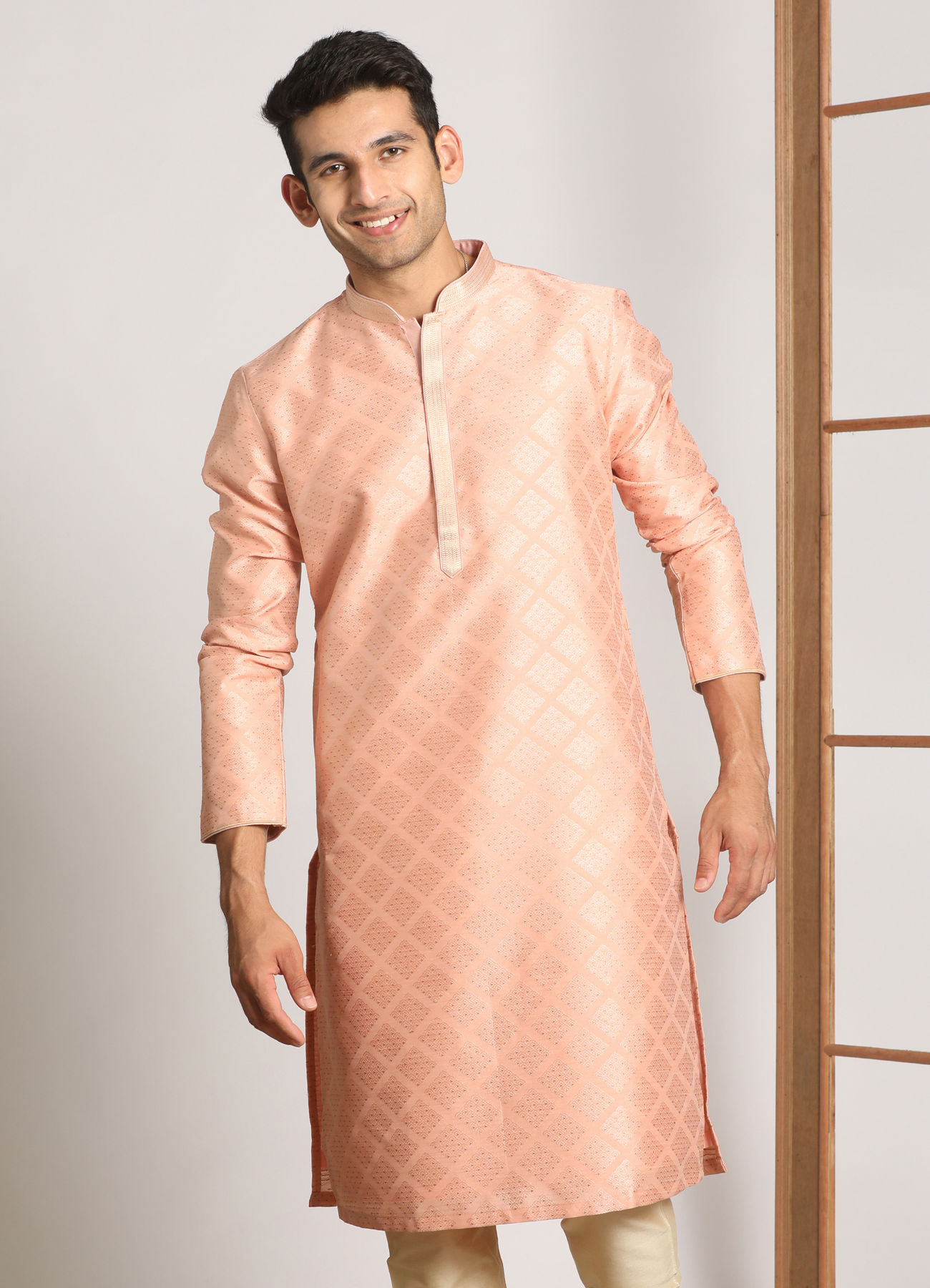 Manyavar Men Salmon Pink Jacquard Kurta Pajama Set