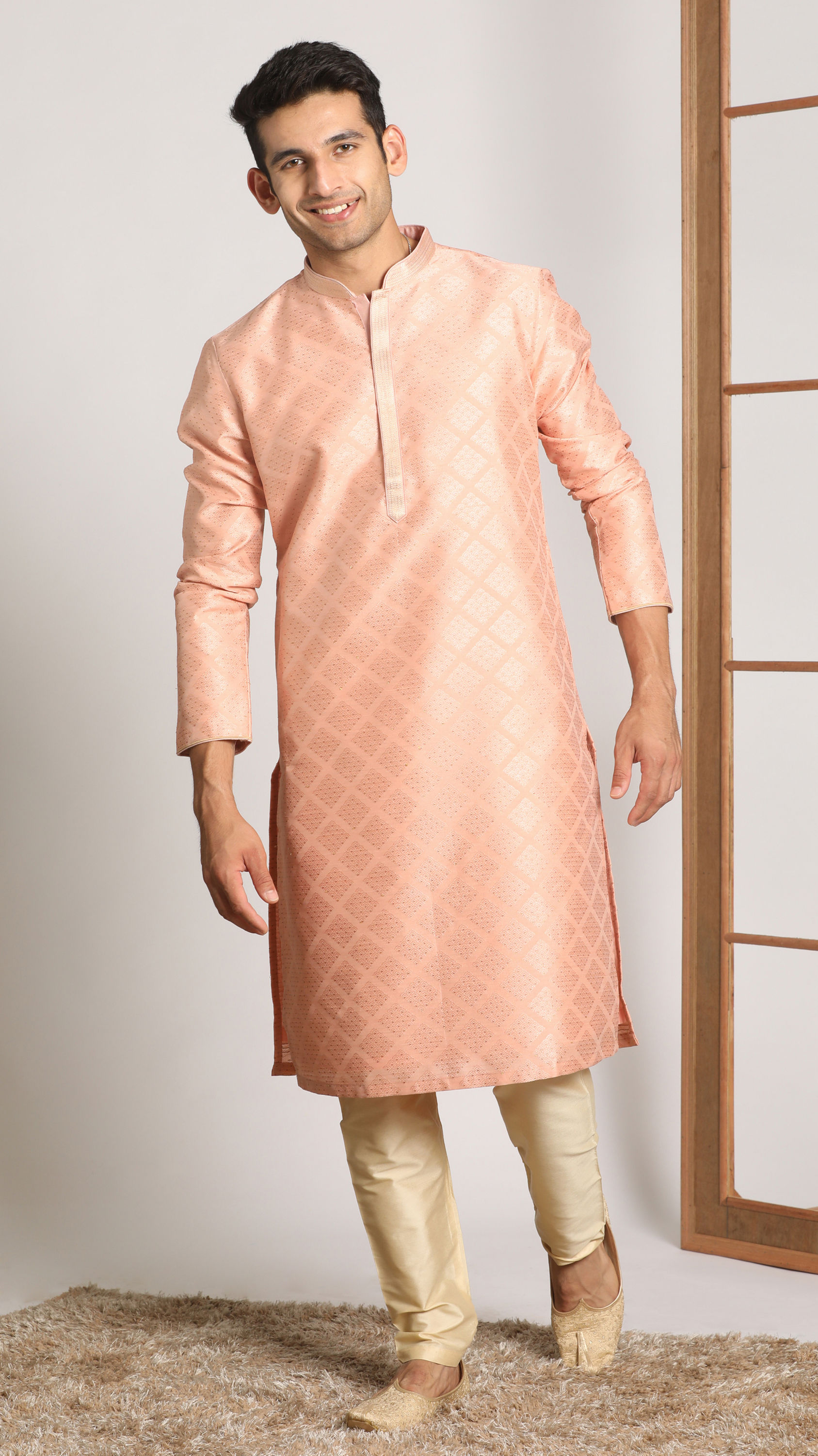 Manyavar Men Salmon Pink Jacquard Kurta Pajama Set