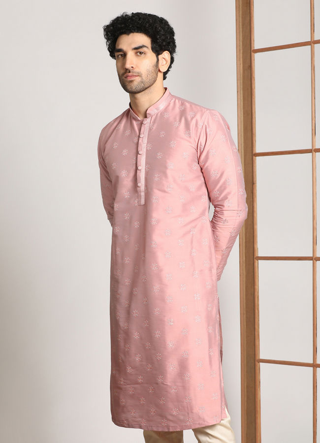 alt message - Manyavar Men Light Pink Festive Kurta Pajama With Embroidery Work image number 1