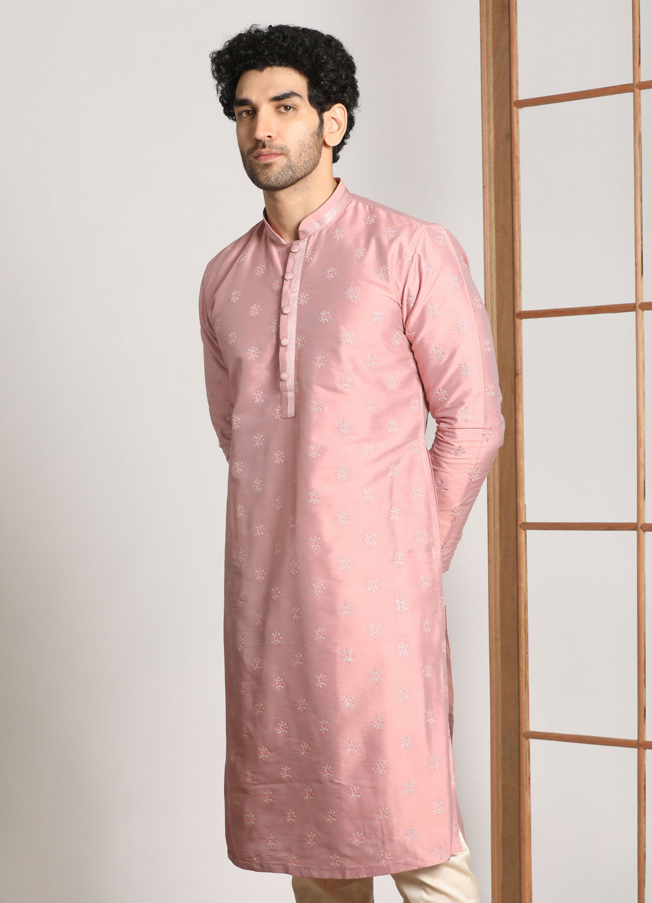 Manyavar Men Light Pink Festive Kurta Pajama With Embroidery Work