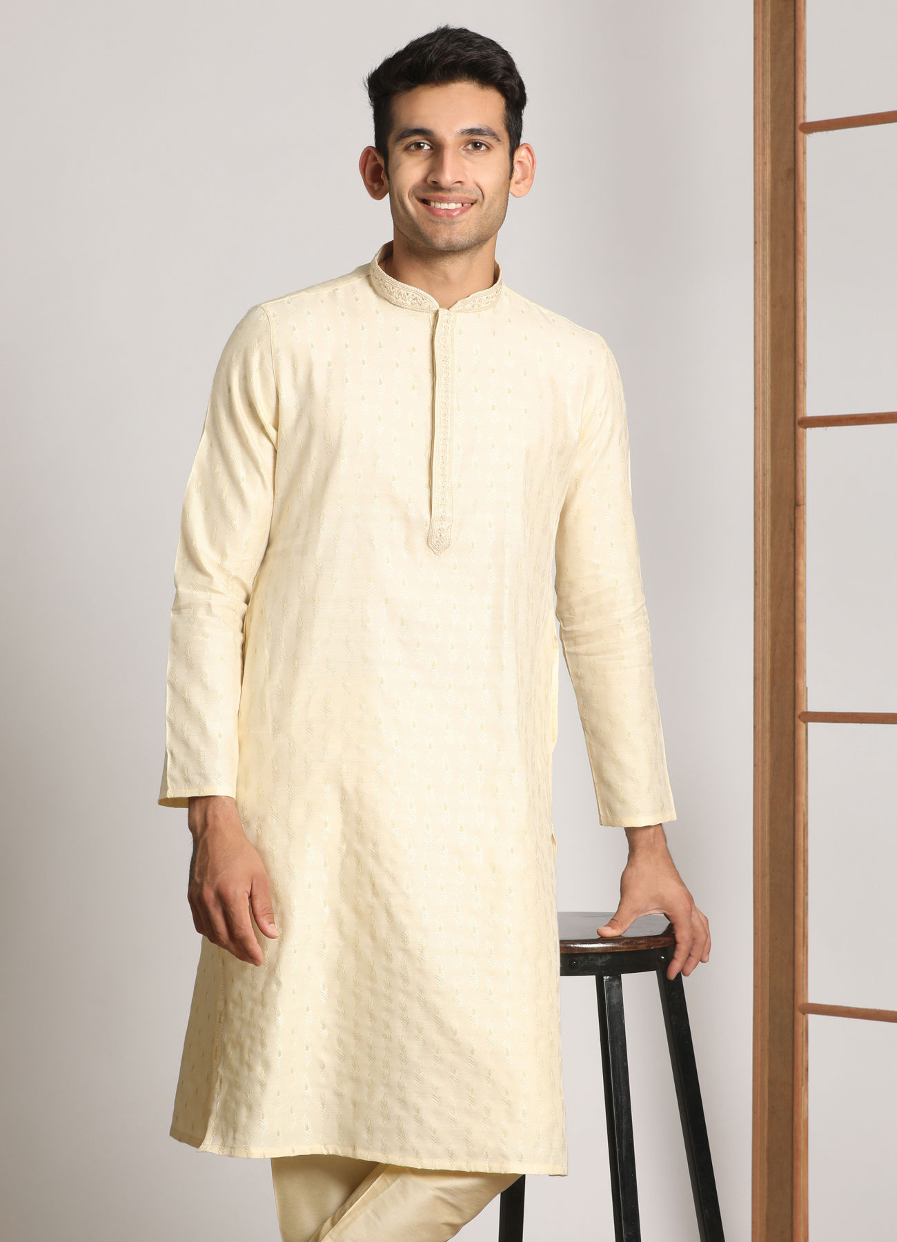 Manyavar Men Cream Self Design Occasion Wear Kurta Pajama