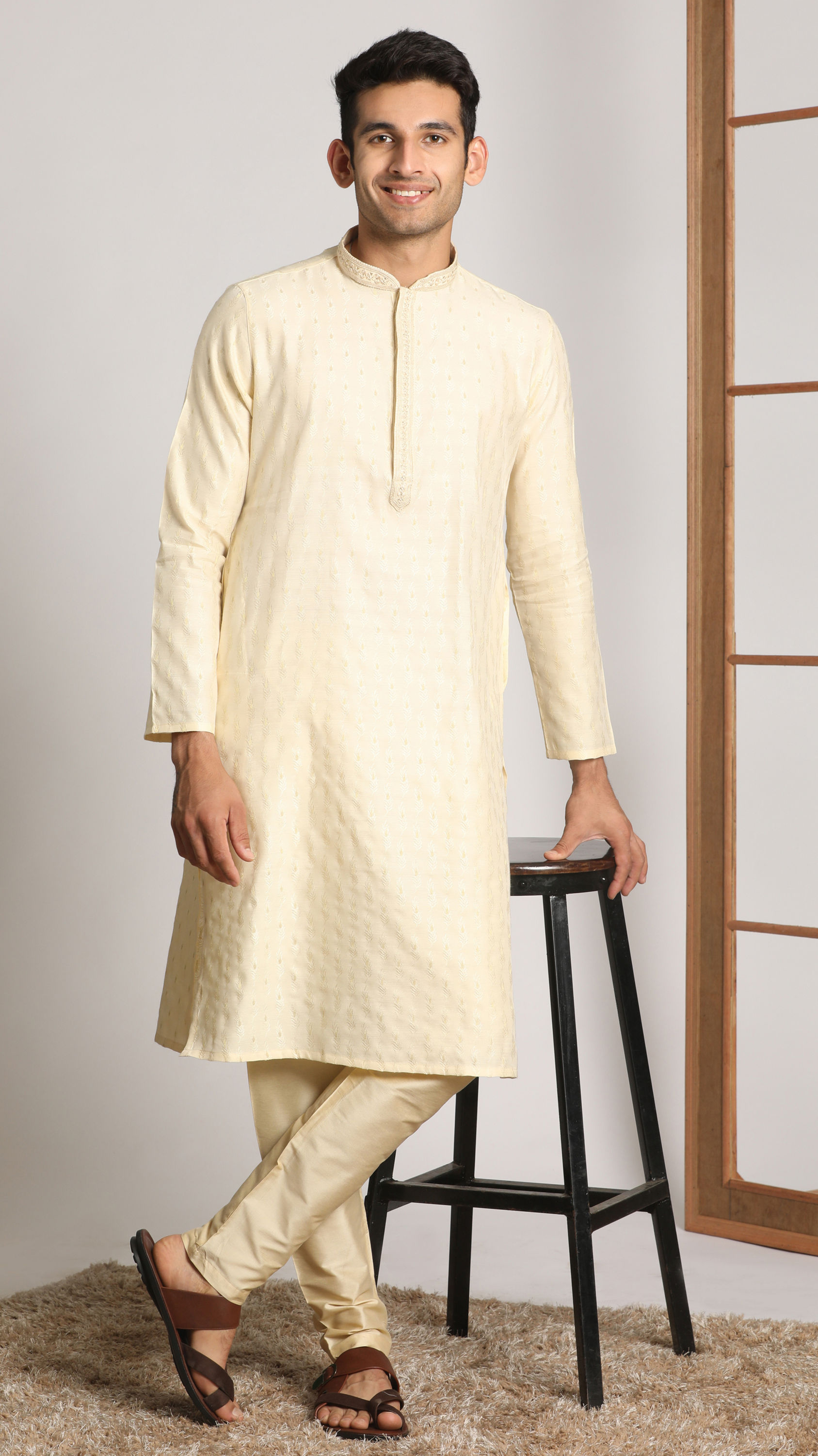 Manyavar Men Cream Self Design Occasion Wear Kurta Pajama