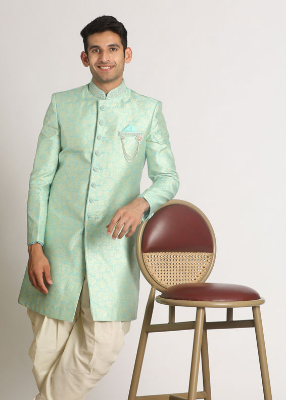 Manyavar Men Grandiose Green Indo Western Set