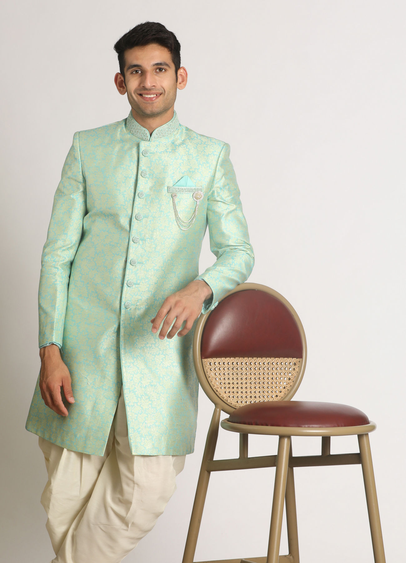 Manyavar Men Grandiose Green Indo Western Set