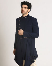 Manyavar Men Navy Blue Draped Indo Western