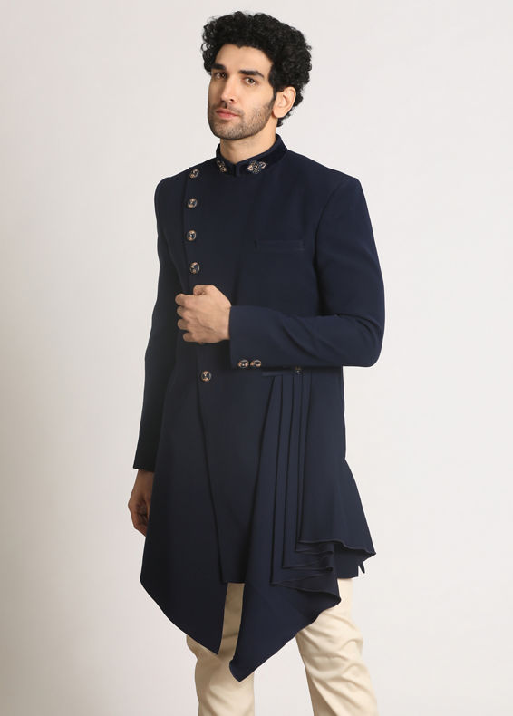 Manyavar Men Navy Blue Draped Indo Western